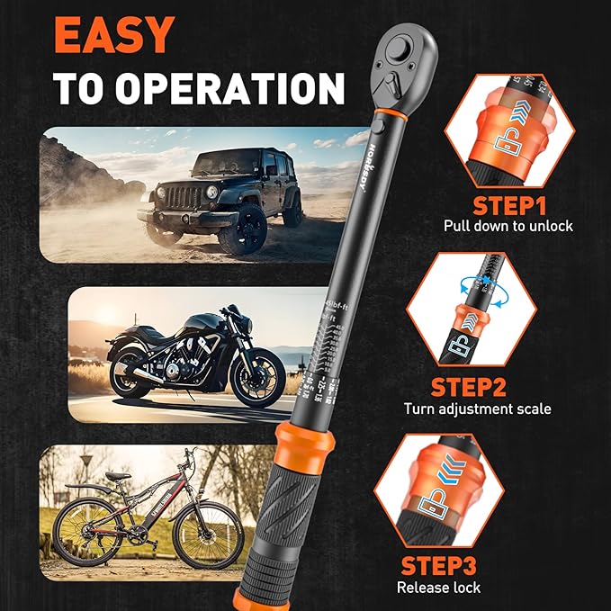 HORUSDY 3/8" 5PCS Torque Wrench Set(5–45 ft-lb/ 6.8–61 Nm) – Torque Wrench 3/8 Drive with 3" Extension, 3/8" to 1/4" & 3/8" to 1/2" Adapters, Case for Bike, Car, Moto & Other Repair