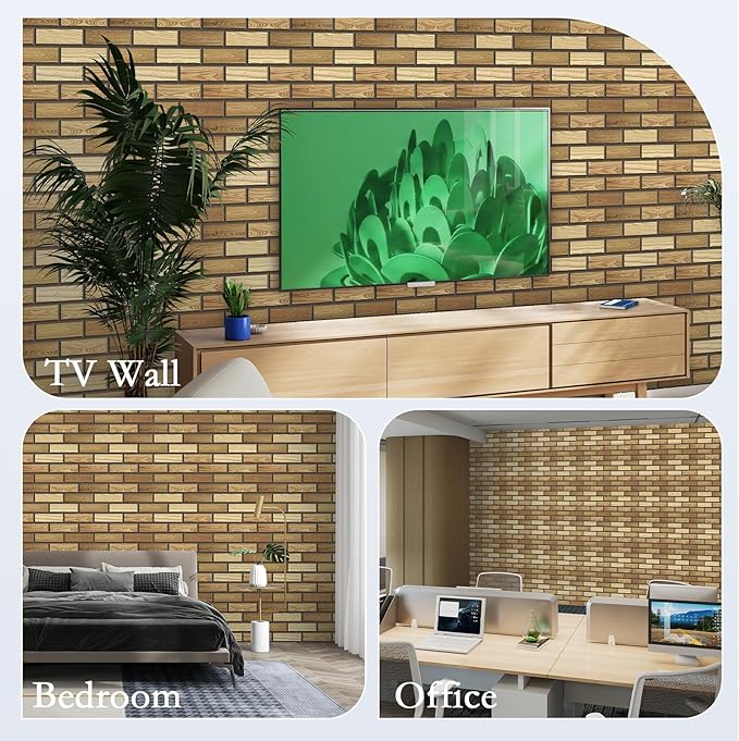 12Pack Acoustic Panels, 12"×12"×0.4" Self-Adhesive 3D Brick Pattern Sound Proof Panels for Walls, High Density Decorative Acoustic Foam for Recording Studios, Offices, Faux Wood Grain Print