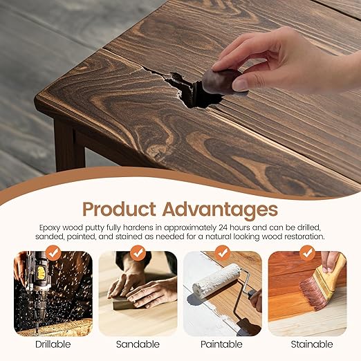 Boncart Epoxy Wood Putty, High Strength Filler Putty, Stainable 2-Part Epoxy Filler, 21.16 oz Structural Wood Repair Kit, Wooden Furniture Repair Kit for Damages (Dark Brown)