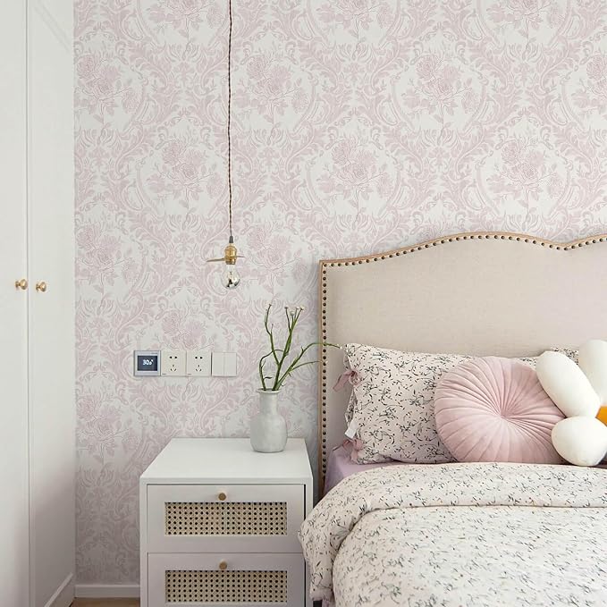 Ismoon Floral Peel and Stick Wallpaper Pink Contact Paper Boho Watercolor Damask Wallpaper Vintage Textured Removable Self Adhesive Vinyl Wall Paper Renter Friendly, 17.3 in X 32.7 ft