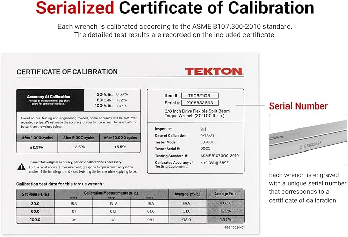 TEKTON 3/8 Inch Drive 72-Tooth Split Beam Torque Wrench (20-100 ft.-lb.) | TRQ62103