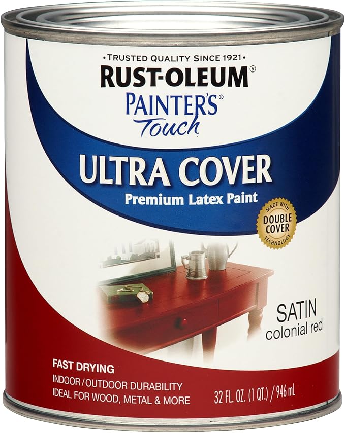 Rust-Oleum 267333 Painter's Touch Latex Paint, Quart, Satin Colonial Red, 1 Quarts (Pack of 1)