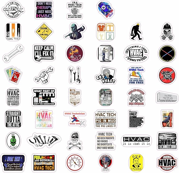 BulbaCraft 100Pcs Funny HVAC Stickers and Decals for Hard Hat — Gifts for HVAC Technicians, Environmental Control Systems, Gifts for Women & Men