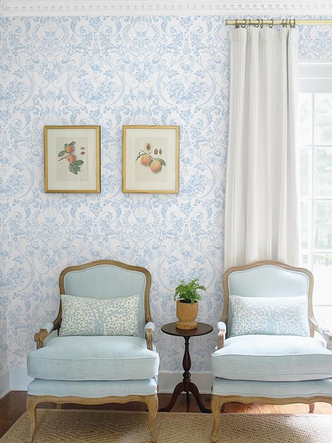 Ismoon Blue and White Wallpaper Floral Peel and Stick Wallpaper 17.3in x 16.4ft Vintage Damask Blue Contact Paper Boho Removable Watercolor Wall Paper for Bedroom Bthroom Kitchen Décor Vinyl