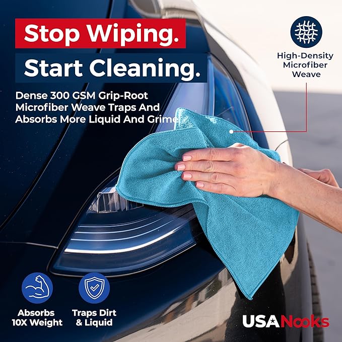 USANOOKS Microfiber Cleaning Cloth - Turq - 12Pcs (12.5x12.5 inch) High Performance - 1200 Washes, Ultra Absorbent Car Towel Traps Grime & Liquid for Streak-Free Mirror Shine - car Washing Cloth