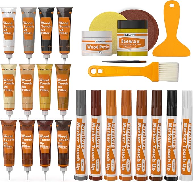REALINN Wood Furniture Repair Kit- Set of 28 - Touch Up Markers, Fillers with Wood Putty - Repair Scratch, Cracks, Hole, Discoloration for Wooden Door, Floor, Table, Cabinet