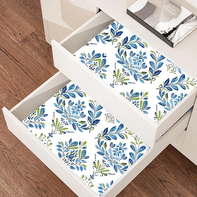 BOKEBEVE Boho Floral Peel and Stick Wallpaper Blue White 17.5 x 118In | Leaf Contact Paper Modern Symmetry Wall Paper for Bedroom Accent Walls Laundry Nursery Pantry Renter Friendly Removable