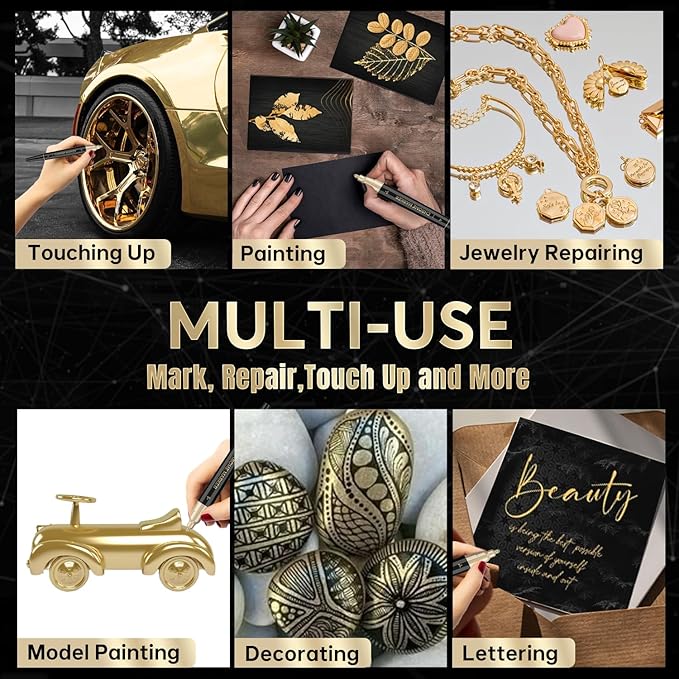 1PK Dual Tip Permanent Mirror Chrome Gold Marker – Metallic Gold Paint Pen for Metal, Plastic, Fabric, Jewelry, Model Painting, Touch-Up & Repair Kit, 2 Tips (0.7mm & 3mm Reversible Tip)