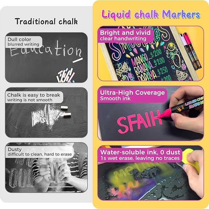 SFAIH 10 Pastel Liquid Chalk Markers [1s Wet Wipe] - No Residue, 6mm Reversible Tip, Chalk Marker for Blackboard, Calendar, Windows, Glass, Stores, Signs, Zero Dust, Ideal for Bistro Home