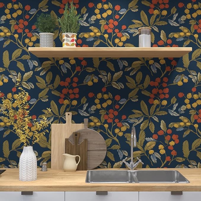 Navy Floral Leaf Vintage Green Wallpaper Peel and Stick 17.5"x118" | Self Adhesive/Removable/Waterproof/Thick Vinyl Contact Paper for Bathroom Bedroom Shelf Cabinet Drawer,Prepasted,Easy Peel