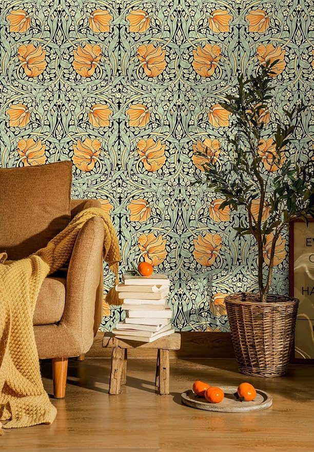 HAOKHOME Vintage Floral Wallpaper Peel and Stick Botanical Green/Yellow/Black Wall Murals Home Kitchen Bedroom Decor by William Morris 17.7in x 32.8ft