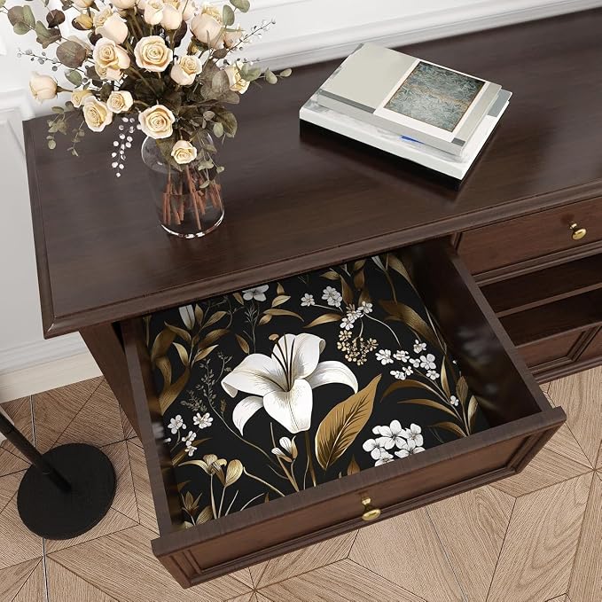 Laatse Black Gold Wallpaper Peel and Stick, Dark White Floral Vintage Contact Paper 17.5" x 197", Golden Botanical Wall Paper Self Adhesive Removable Waterproof for Bedroom Shelf Drawer Table Decor