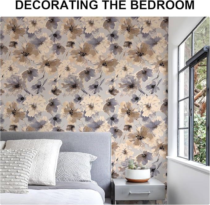 Purple Watercolor Floral Peel and Stick Wallpaper, 393" x 17.3" Vintage Removable Waterproof Self Adhesive Wall Paper, Brown Flower Contact Paper Peel and Stick for Classroom Cabinets 48.5 sq.ft