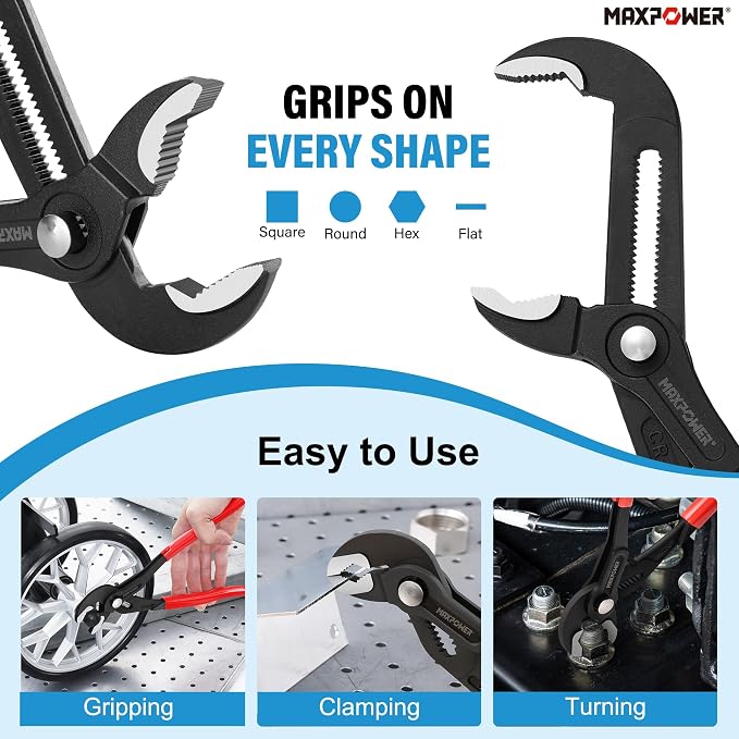 MAXPOWER 7" 10" 16" Water Pump Pliers Set, Push Button V Jaw, Quick Release | 3-Piece Adjustable Tongue and Groove Pliers with Carrying Bag, Plumbing Tool for Homeowner Plumber HVAC Mechanic