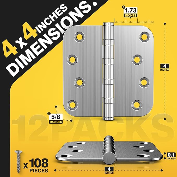 KOLET Ball Bearing Door Hinges, 4 x 4 Inches Exterior Door Hinges, 5/8'' Radius Corner Hinges, Heavy Duty Stainless Steel, Smooth and Quiet, Non Removable Pin, Brushed Nickel, 12 Pack