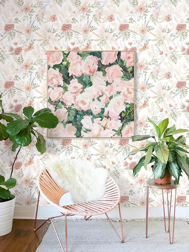 Dimoon Pink Floral Peel and Stick Wallpaper Modern Beige Contact Paper 17.3''x393'' Boho Village Country Cottage Wallpaper Renter Friendly Girls Room Wall Paper for Bathroom Nursery Bedroom Vinyl