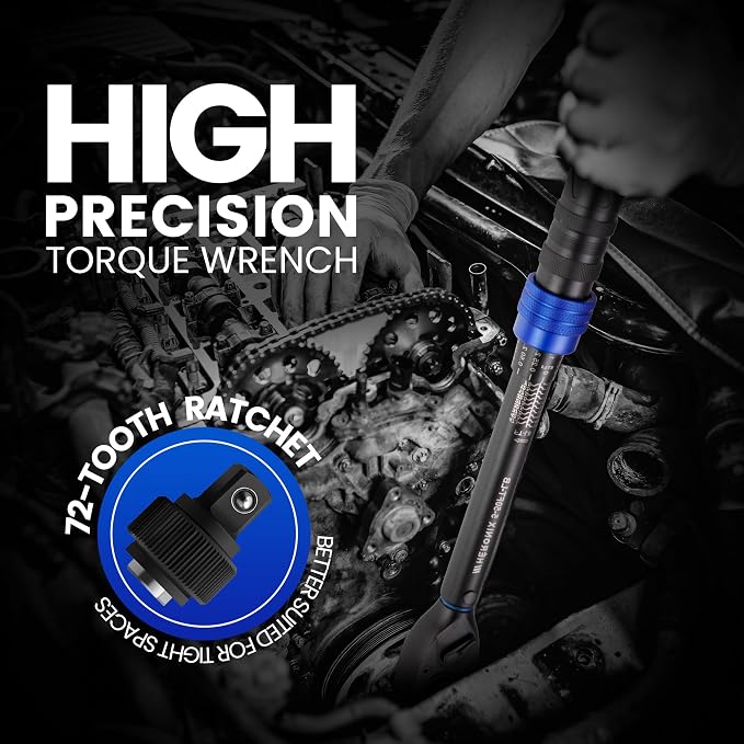 3/8-Inch Drive Click Torque Wrench, 5–50 Ft-Lb (6.8–67.8 Nm) ±3% Accuracy, Loud Click, Dual Scale, 72-Tooth Mini Torque Wrench for Bike, Motorcycle, Car & Spark Plug Maintenance