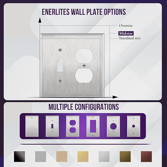 ENERLITES Combination Toggle Light Switch and Duplex Receptacle Outlet Metal Midway Wall Plate, Corrosion Resistant, 2-Gang 4.88" x 4.92", 771121M, 430, UL Listed, Silver, Stainless Steel Mid Size