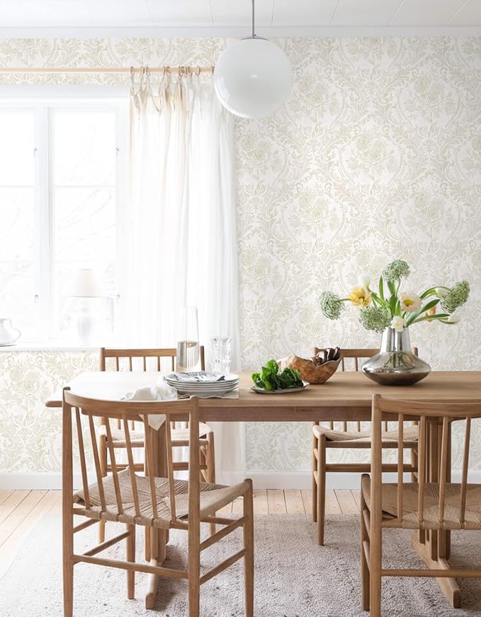 Ismoon Floral Peel and Stick Wallpaper Vintage Beige Contact Paper Boho Watercolor Damask Wall Paper Textured Removable Self Adhesive Vinyl Wallpaper for Cabinet Bedroom Wall Decor, 17.3x393in