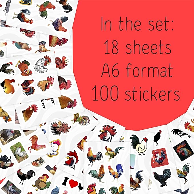 BulbaCraft 100Pcs Rooster Stickers for Water Bottle and Laptop - Rooster Party Supplies & Decorations, Waterproof Vinyl Decals, Cute Animal and Farm Stickers, Gifts for Women & Men