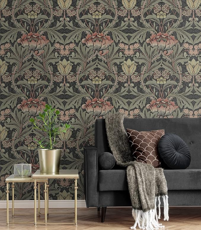 NextWall Acanthus Floral Peel and Stick Wallpaper (Charcoal & Rosewood)