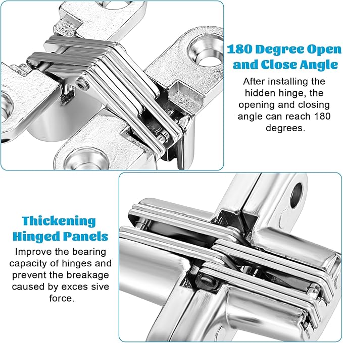 8 Packs Hidden Hinges for Cabinet Doors, 1-3/4" Stainless Steel Hidden Hinges, 180 Degree Invisible Hinge, Cross Concealed Hingesfor Cabinet, Folding Door, Folding Table and Cupboard