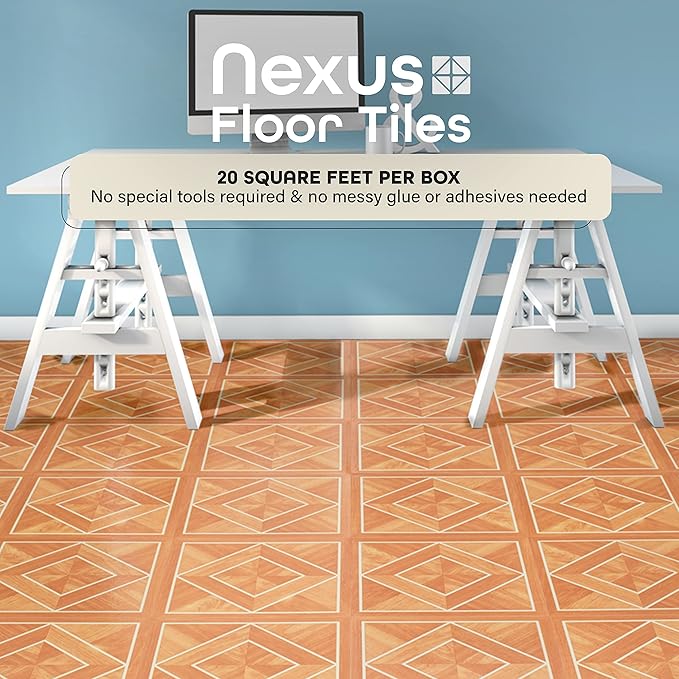 Nexus Self Adhesive 12-Inch Vinyl Floor Tiles, 20 Tiles - 12" x 12", Wood White Border Parquet Pattern - Peel & Stick, DIY Flooring for Kitchen, Dining Room, Bedrooms & Bathrooms by Achim Home Decor