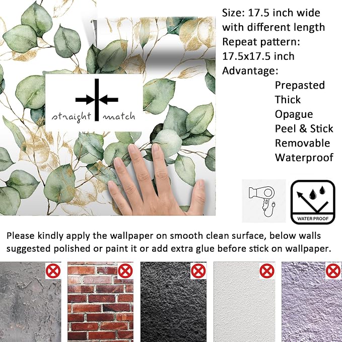 Livelynine Sage Green and Gold Botanical Wallpaper Peel and Stick Elegant Muted Green Eucalyptus Leaf Wallpaper Prepasted Removable White Gold Boho Contact Paper for Cabinets Classroom Wall 17.5x78.8