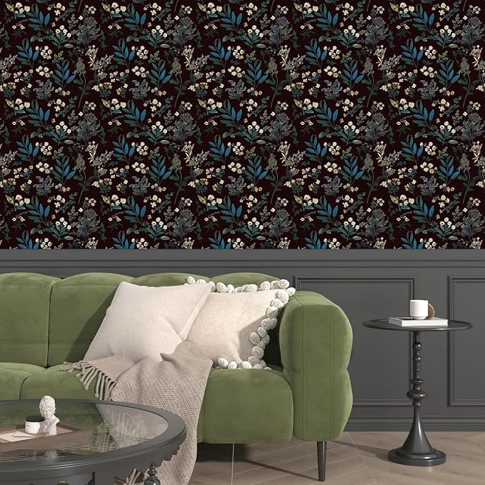 Vintage Floral Peel and Stick Wallpaper 17.5'' x 787'', Green Blue | Self Adhesive/Removable/Waterproof/Thick Vinyl Extra Long Contact Paper for Bathroom Bedroom Shelf Cabinet Drawer,Prepasted