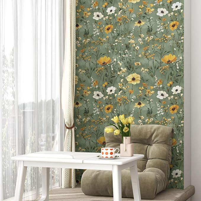 Vintage Green Yellow Daisy Floral Botanical Wallpaper 17.5"x393" | Self Adhesive/Removable/Waterproof/Thick Vinyl Contact Paper for Bathroom Bedroom Shelf Cabinet Drawer,Prepasted,Easy Peel