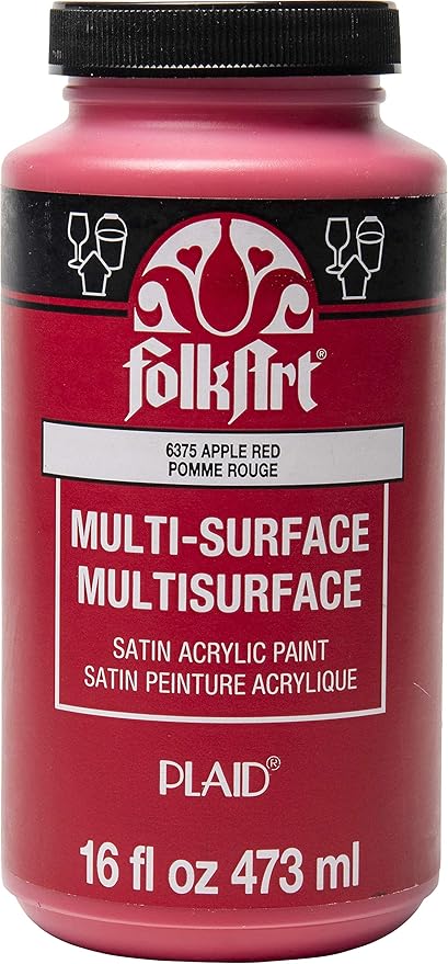 FolkArt Multi-Surface Satin Acrylic Paint in Assorted Colors, 16 oz, Apple Red 16 Fl Oz