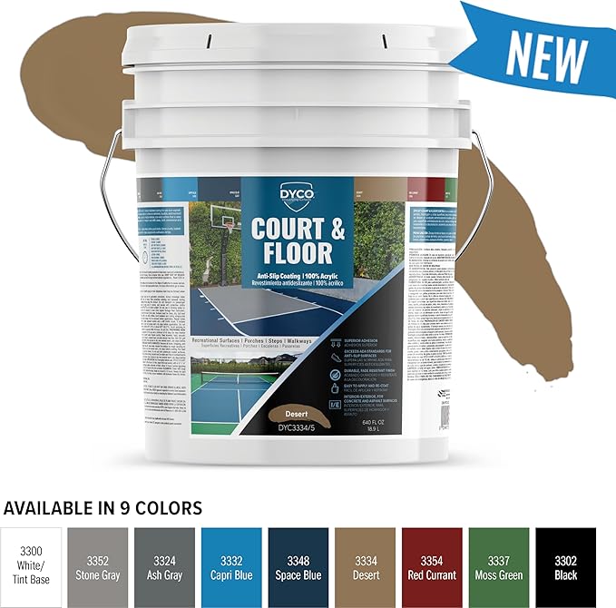 DYCO Court & Floor Anti-Slip Coating - Slip-Resistant Pavement, Cement & Concrete Paint for Pickleball, Tennis & Basketball Courts, Exceeds ADA Standards for Safety Areas (Desert, 5 Gallons)