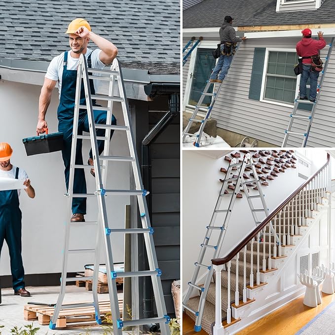LUISLADDERS A Frame Step Ladder Telescoping Ladder, 19 ft Multi Position Folding Ladder with Flared Leg & Wheels Design, 330 lbs Capacity Extension Ladder for Household Outdoor Work, Aluminum, 19 FT