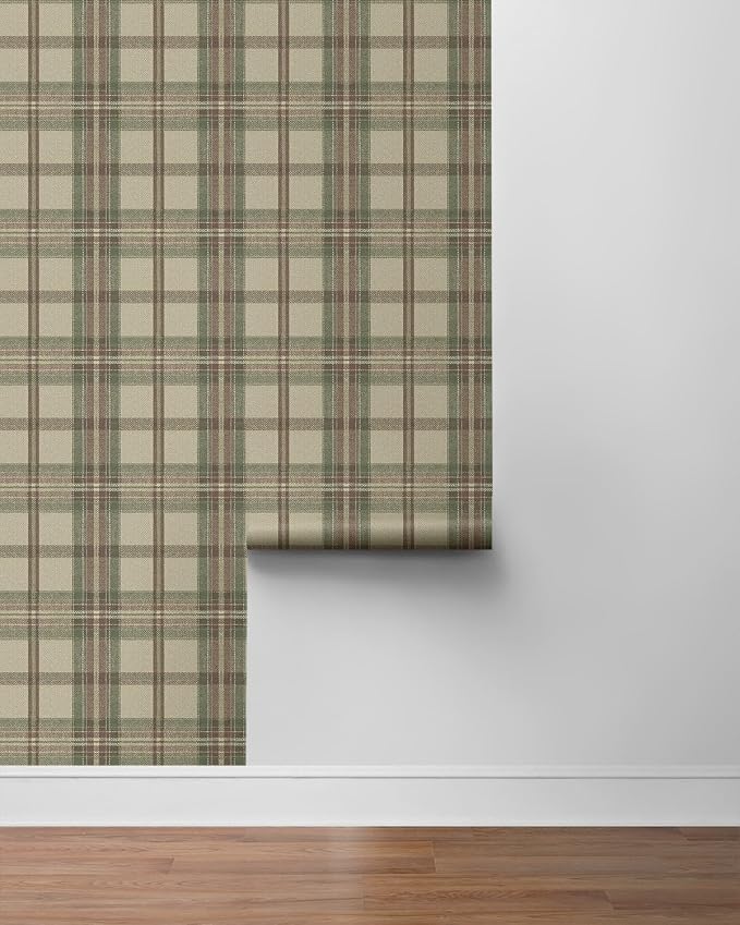 NextWall Harry & Grace Herringbone Plaid Premium Matte Non-Woven Peel and Stick Wallpaper (Clay & Sage)