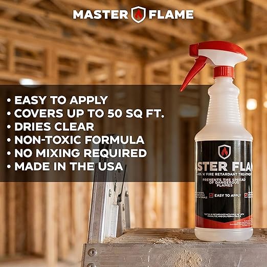 Master Flame Class A Fire Retardant Spray for Wood, Fabric, Cotton & More - Non-Toxic Flame Retardant Coating - Meets NFPA 701 & ASTM E84 - Made in USA - Easy to Apply and Dries Clear - 1x Spray Quart