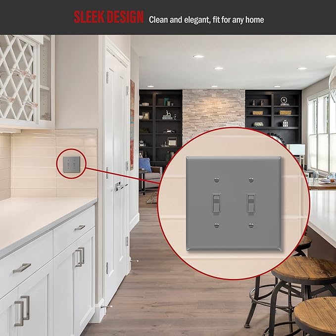 ENERLITES Double Light Switch Wall Plate, Toggle Switch Plate, Gloss Finish, 2-Gang Mid-Size 4.88" x 4.92", Unbreakable Polycarbonate Thermoplastic, UL Listed, 8812M-GY, Gray