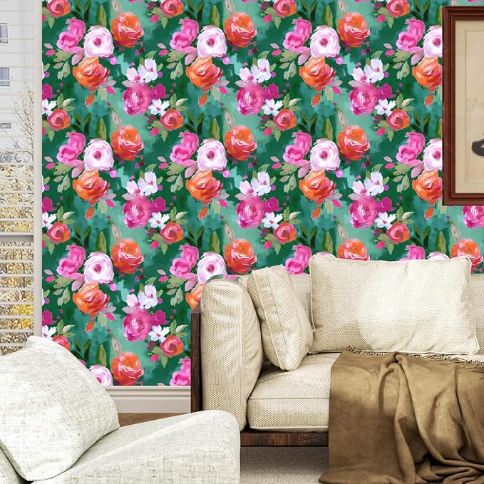 BOKEBEVE Floral Wallpaper Peel and Stick Boho Bright Green 17.5 x 393.5In | Extra Long Removable Renter Friendly Colorful Watercolor Wall Paper for Bedroom Bathroom Living Room Feature Accent Wall