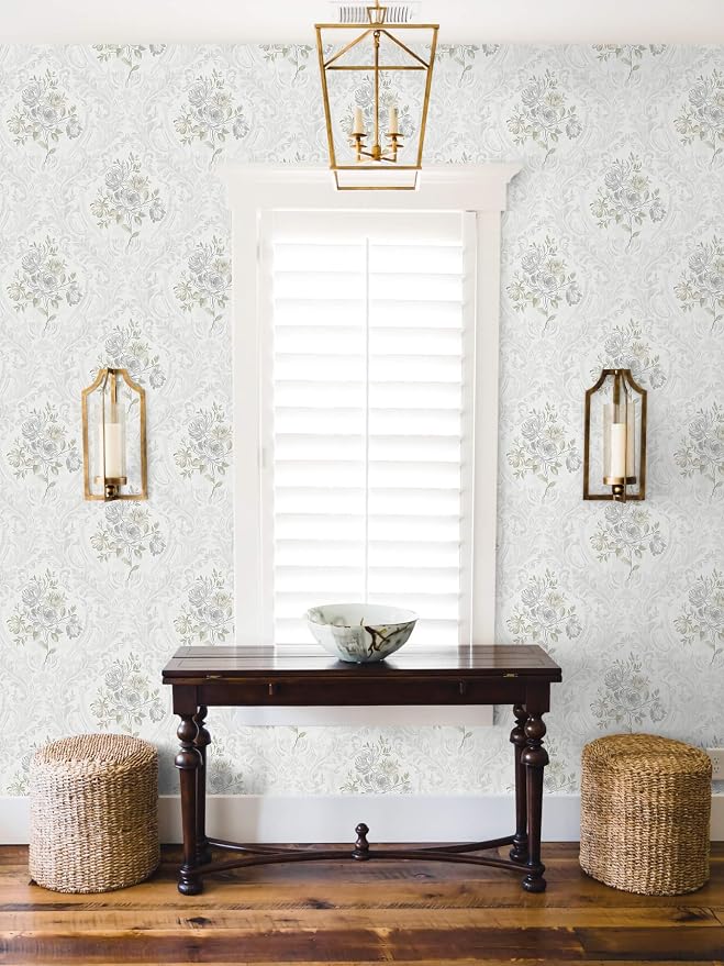 Ismoon Vintage Peel and Stick Wallpaper Floral Contact Paper Boho White and Grey Watercolor Damask Wallpaper Textured Removable Self Adhesive Vinyl Wall Paper for Bedroom, 17.3 in X 32.75ft