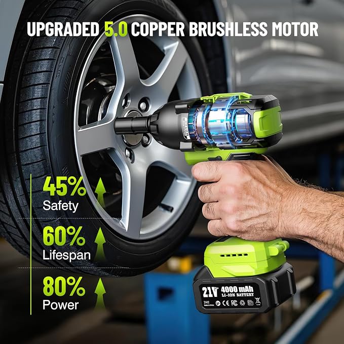 Cordless Impact Wrench, 885Ft-lbs (1200N.m) 1/2" Brushless Impact Gun | 21V High Torque Power Impact Driver, 2x4.0Ah Batteries Electric Impact Motor Variable Speeds for Car/Truck RV/Mower