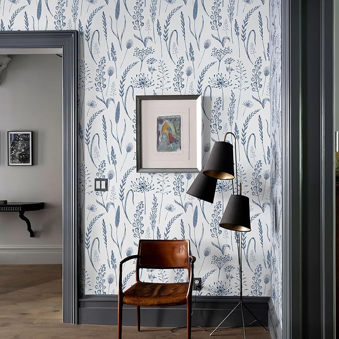 JiffDiff Peel and Stick Wallpaper Farmhouse Vintage Floral Contact Paper Wheat Meadow Removable Self Adhesive Wallpaper Blue and White (14.2 sq.ft)