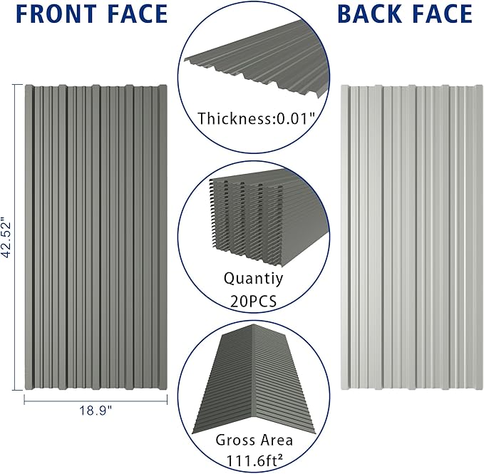20PCS 111ft² Metal Roofing Panels 42.52”x 18.9” Corrugated Metal Sheets Galvanized Exterior Siding Roofing Materials for Outdoor House Garages Sheds Pergola Gazebo Chicken Coop Stables, Gray