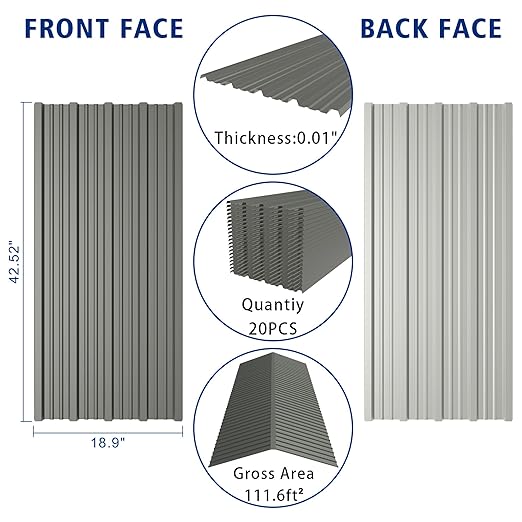 20PCS 111ft² Metal Roofing Panels 42.52"x18.9" Corrugated Metal Sheets Galvanized Exterior Siding Roofing Materials for Outdoor House Garages Sheds Pergola Gazebo Chicken Coop Stables, Grey