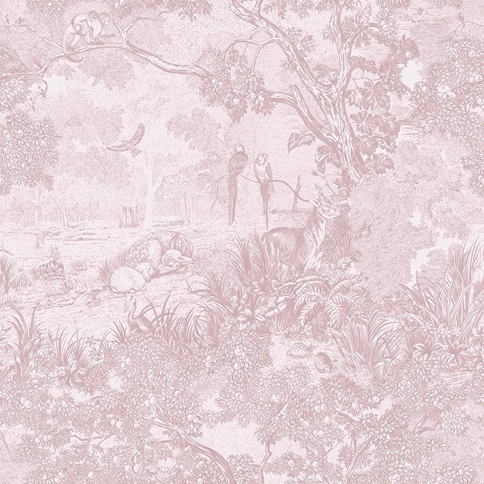 Heroad Peel and Stick Wallpaper Pink and White Vintage Forest Animals Floral Wallpaper Removable Self-Adhesive Contact Paper for Bedroom Living Room Cabinets Decoration Thicken Vinyl 17.3" x 78.7"