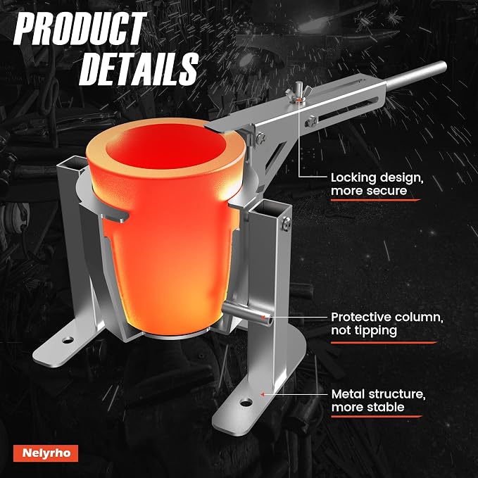 Nelyrho Handheld Crucible Pouring Tongs with Crucible #3 (6.6lbs-3kg) | Includes pouring rack and graphite crucible, designed for use with melting furnaces, casting gold, silver, aluminium, brass