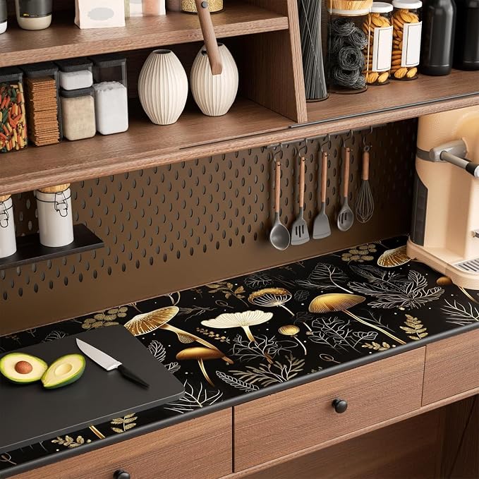 Dark Mushroom Wallpaper Peel and Stick 17.5" x 787",Black Gold | Self Adhesive/Removable/Waterproof/Thick Vinyl Extra Long Contact Paper for Bathroom Bedroom Shelf Cabinet Drawer,Prepasted
