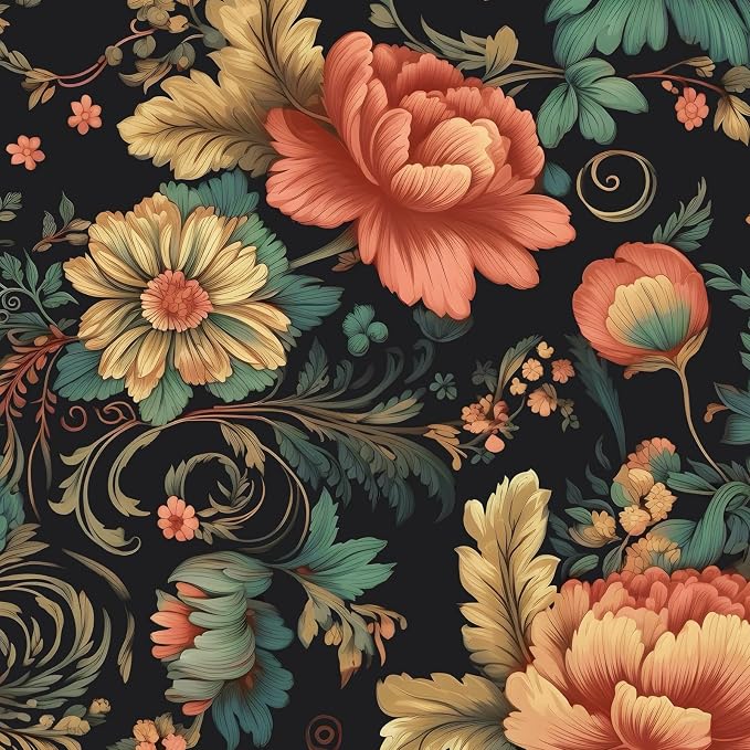 BOKEBEVE Floral Wallpaper Peel n Stick Vintage Black Orange 17.5 x 393.5In | Extra Long Removable Renter Friendly Boho Leaf Wall Paper for Bedroom Bathroom Living Room Feature Accent Wall