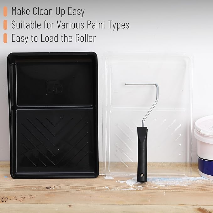 Bates- 6 Inch Paint Roller Tray Set, 12 pcs, 6 Inch Paint Tray Kit, 1x Black Plastic Paint Tray, 10x Transparent Liners & 1x 4 Roller Frame