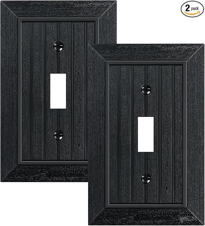 2-Pack Classic Beadboard Single Toggle Light Switch Cover Plate, Unbreakable Polycarbonate Decorative Switch Plate Covers, Matte Black 1 Gang Wall Plate