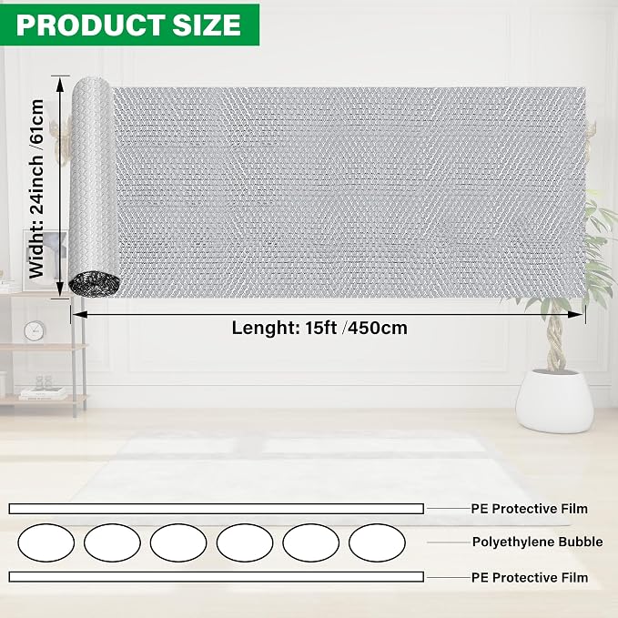 winemana Window Insulation Roll, 24IN x 15FT Reflective Heat Shield Bubble Film, Double-Sided Aluminum Foil Insulation, Weatherproof Garage Door Cover for Windows, RV, Basement, Winter & Summer