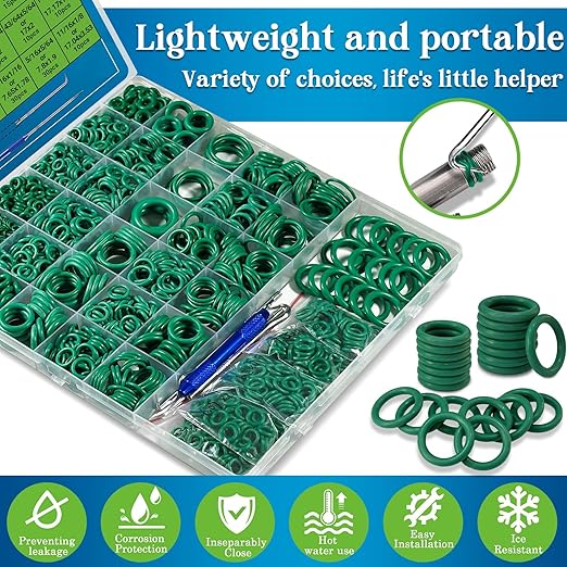 ZDBB 595 Pcs Automotive AC O Rings Kit, SAE and Metric Air Conditioning Orings Assortment Set for Car A/C Compressor and Professional Plumbing Faucet Seal Repair with 4 Pick & Hook (Green)